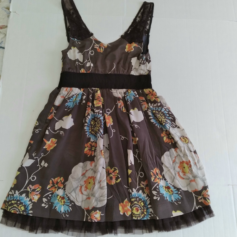 Free People Lace Strap Sleeveless Floral A-line Dress Brown Multi Tulle Trim 2 - Picture 3 of 13